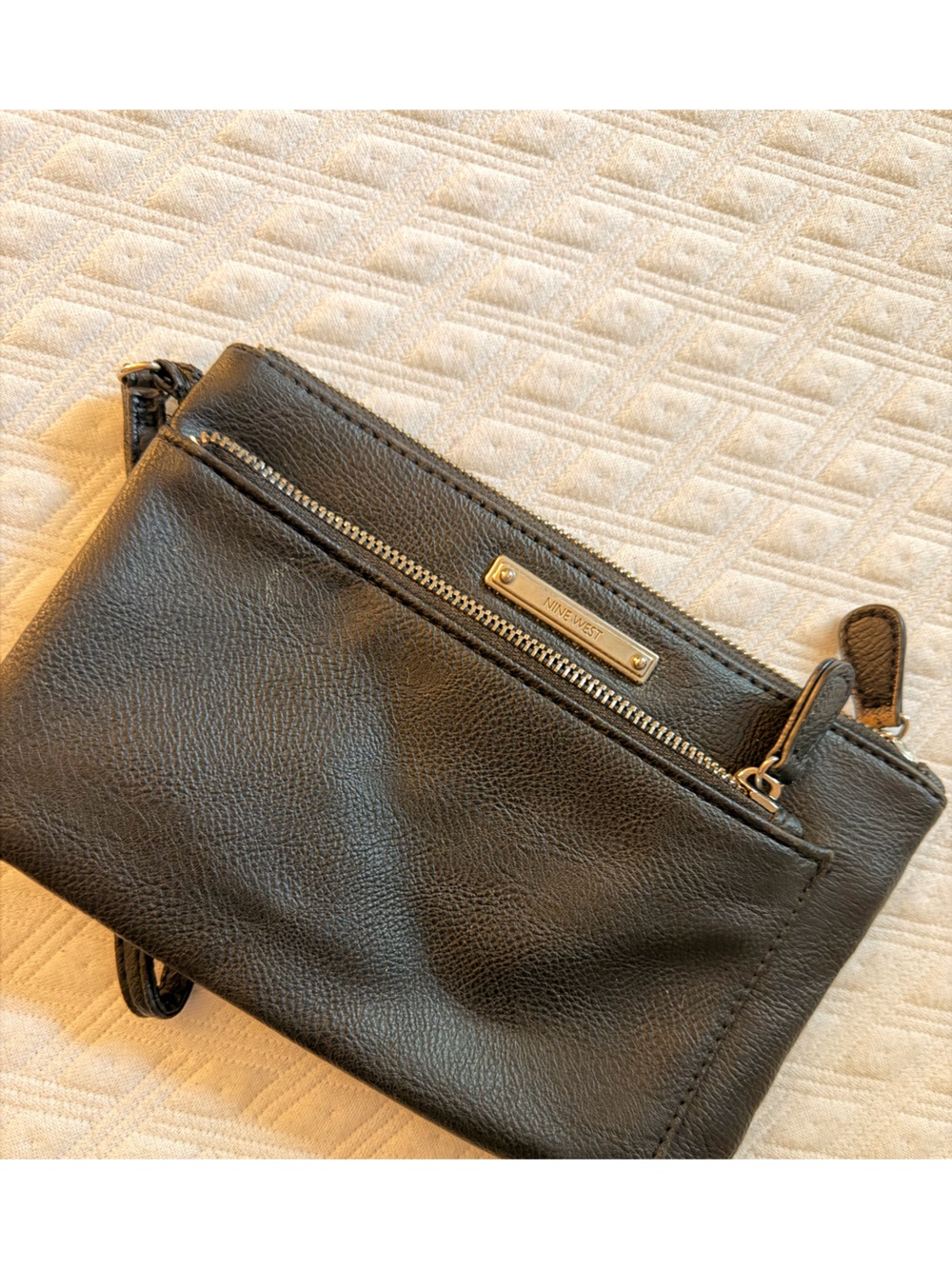 Nine West Black Leather Wristlet Crossbody with Front Zip